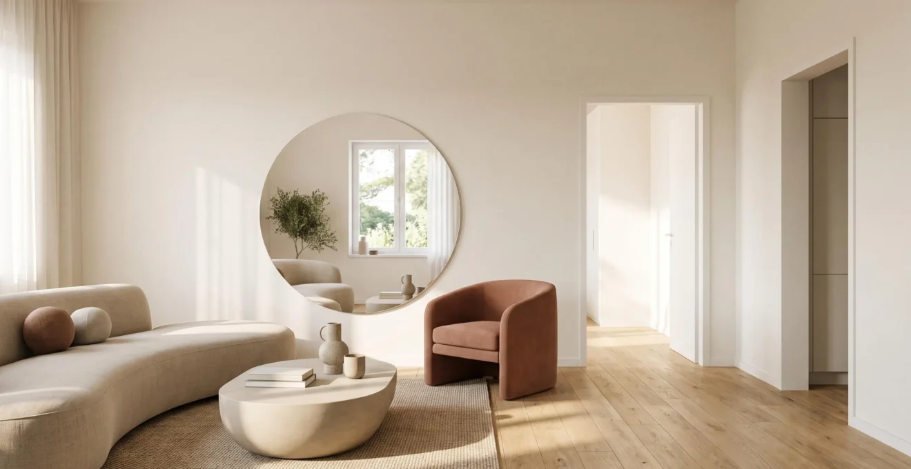 Salón pequeño y luminoso decorado con espejo grande, suelo continuo y paleta clara que transmite sensación de amplitud