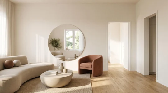 Salón pequeño y luminoso decorado con espejo grande, suelo continuo y paleta clara que transmite sensación de amplitud