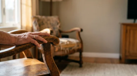 Silla de madera maciza envejecida con elegancia junto a una silla economica desgastada, simbolizando la diferencia entre inversion duradera y compra barata