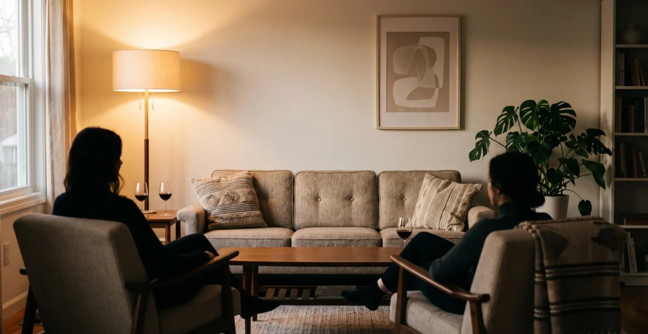 Salon acogedor con sofa de tres plazas y dos butacas dispuestos en forma de triangulo, iluminacion calida y ambiente propicio para la conversacion entre invitados