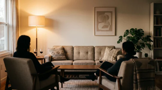 Salon acogedor con sofa de tres plazas y dos butacas dispuestos en forma de triangulo, iluminacion calida y ambiente propicio para la conversacion entre invitados