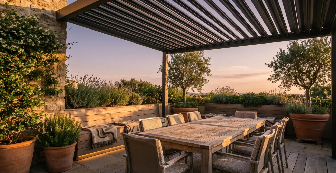 Terraza exterior acogedora con mobiliario resistente, sombra natural y vegetacion, preparada para usarse en todas las estaciones del ano