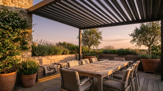 Terraza exterior acogedora con mobiliario resistente, sombra natural y vegetacion, preparada para usarse en todas las estaciones del ano