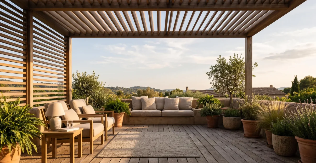 Terraza acogedora con pérgola de lamas orientables que crea un equilibrio perfecto entre luz y sombra, rodeada de vegetación