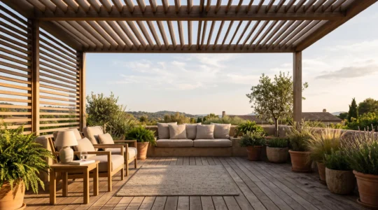 Terraza acogedora con pérgola de lamas orientables que crea un equilibrio perfecto entre luz y sombra, rodeada de vegetación