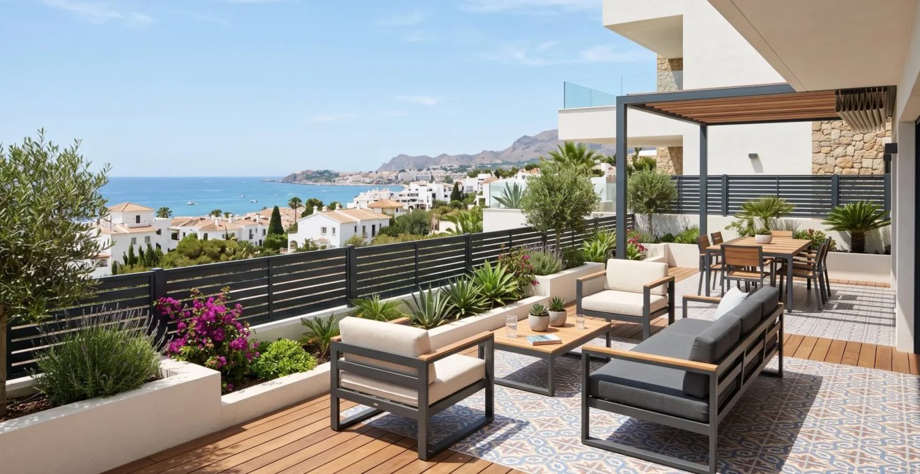 Terraza española contemporánea con suelo de baldosas, mobiliario de jardín discreto y valla de aluminio con lamas horizontales al fondo bajo luz natural brillante