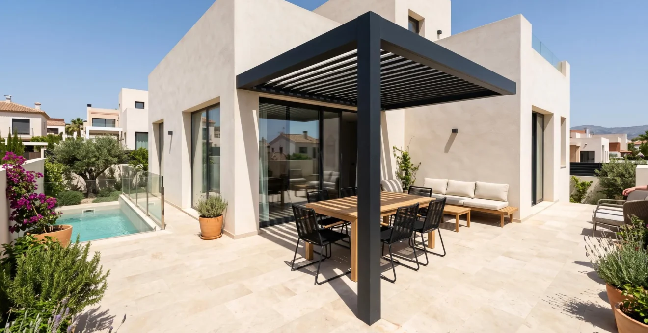 Vista gran angular de una terraza contemporánea española con pérgola bioclimática adosada a la pared, arquitectura mediterránea moderna con mobiliario exterior minimalista