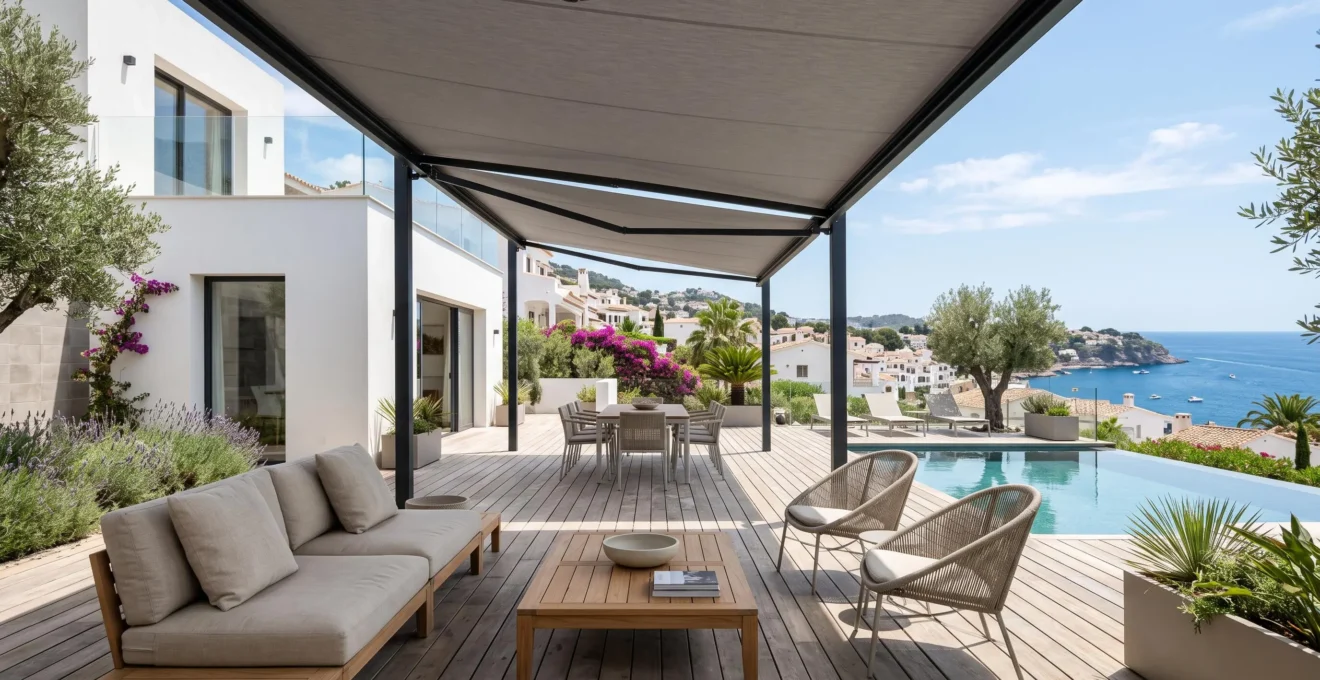 Terraza contemporánea con suelo de madera clara, toldo cofre beige desplegado proyectando sombra sobre mobiliario de exterior minimalista bajo intenso sol mediterráneo