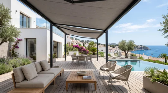 Terraza contemporánea con suelo de madera clara, toldo cofre beige desplegado proyectando sombra sobre mobiliario de exterior minimalista bajo intenso sol mediterráneo