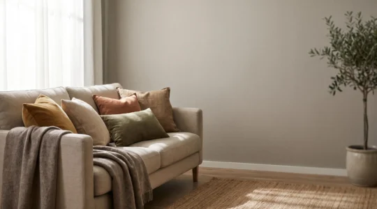 Salón luminoso y elegante con un sofá neutro decorado con un conjunto armonioso de seis cojines de distintas texturas y tamaños