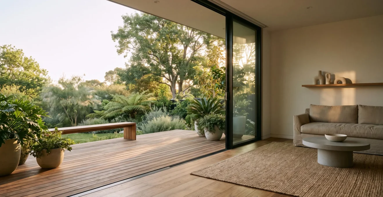 Amplio salón contemporáneo con grandes puertas acristaladas abiertas que se funden visualmente con un jardín verde al atardecer.