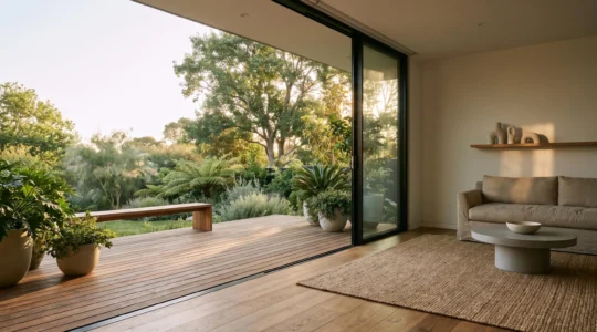 Amplio salón contemporáneo con grandes puertas acristaladas abiertas que se funden visualmente con un jardín verde al atardecer.