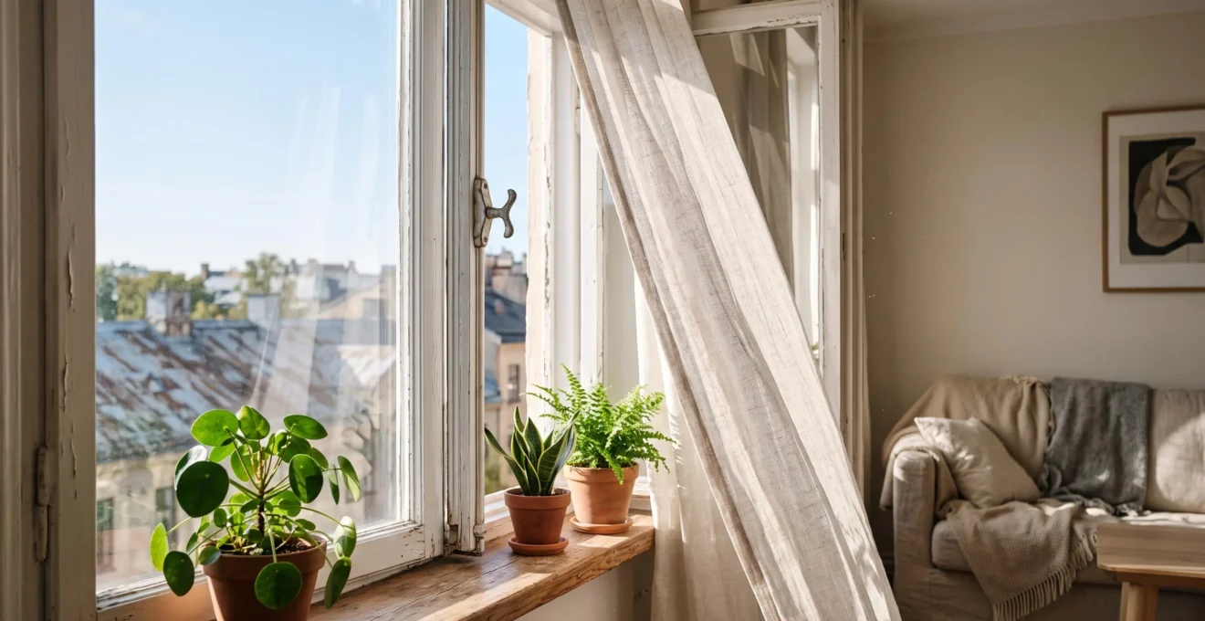 Ventana entreabierta dejando entrar luz natural y aire fresco en un salon acogedor, simbolizando la ventilacion saludable del hogar