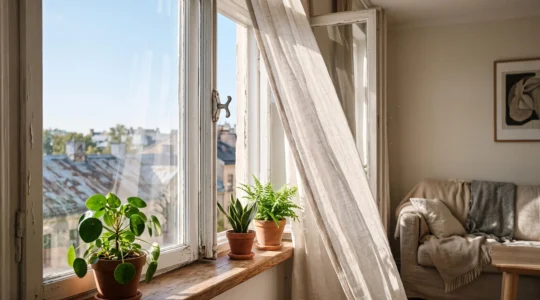 Ventana entreabierta dejando entrar luz natural y aire fresco en un salon acogedor, simbolizando la ventilacion saludable del hogar